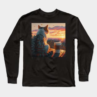 funny cat watching sunset with coffee, funny cats and coffee, cats lover Long Sleeve T-Shirt